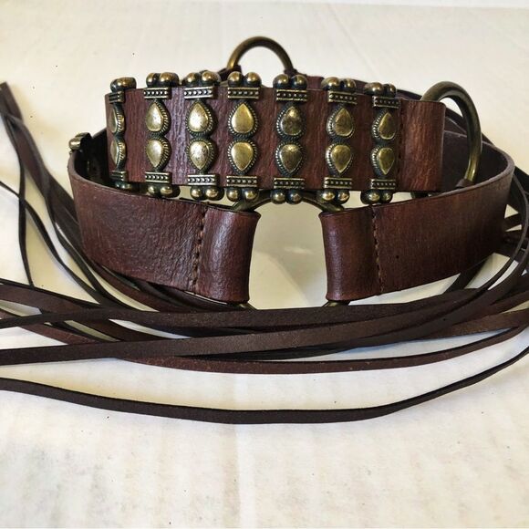 Brown Studded Fringe Tie Belt Size S Genuine Leather Trendy Western Boho Chic - Picture 3 of 7
